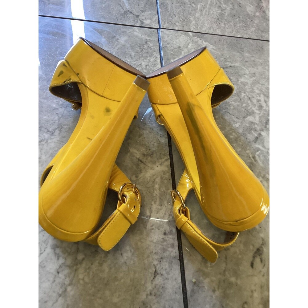 Stuart Weitzman Shoes Y2K Womens Sz 7 Yellow Patent Slingback Platform Peep Toe - Picture 6 of 8